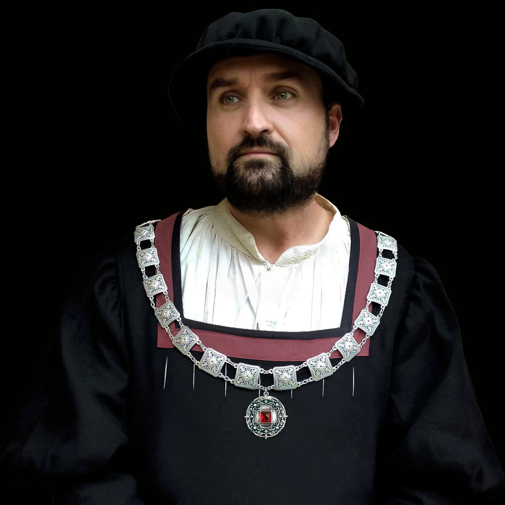 Livery Collar with square cabochons and Round Medallion pendant on a black renaissance attire model man