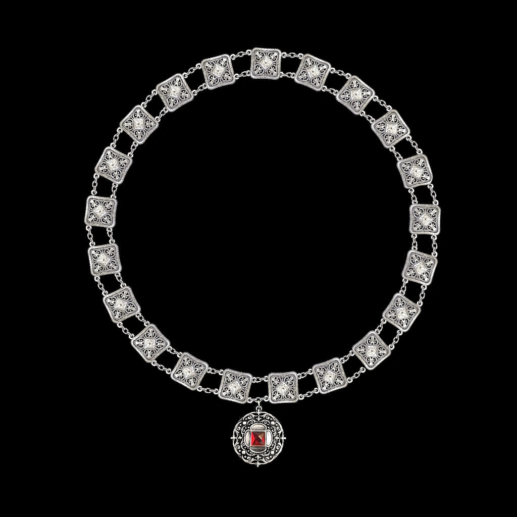 Upper view of a round Livery Collar with square cabochons and Round Medallion pendant on a pure black background