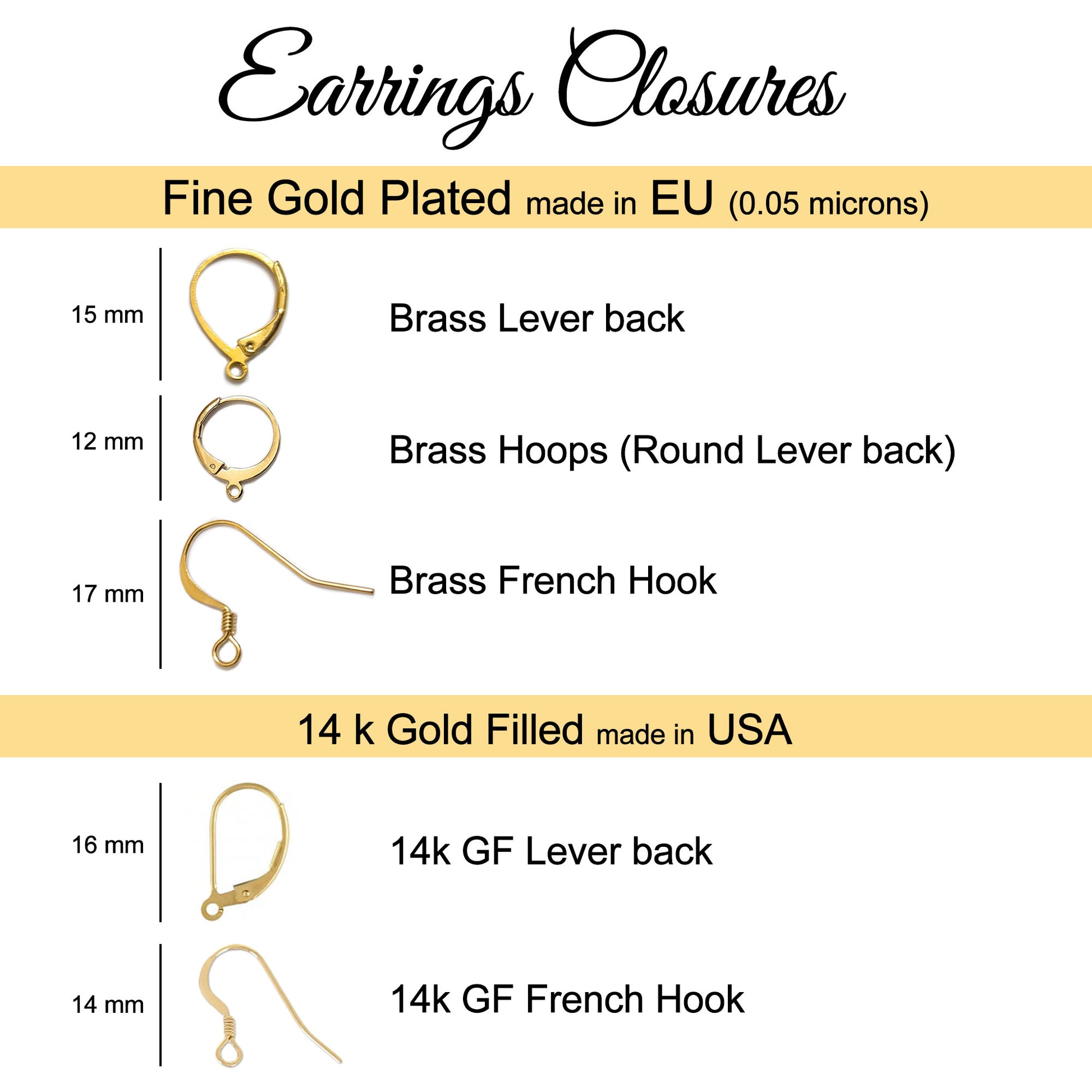 Diferent earring closures like french hooks, earring hooks, lever back, GF french hooks and GF Leverback with their sizes and shapes.