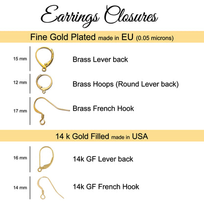 Diferent earring closures like french hooks, earring hooks, lever back, GF french hooks and GF Leverback with their sizes and shapes.