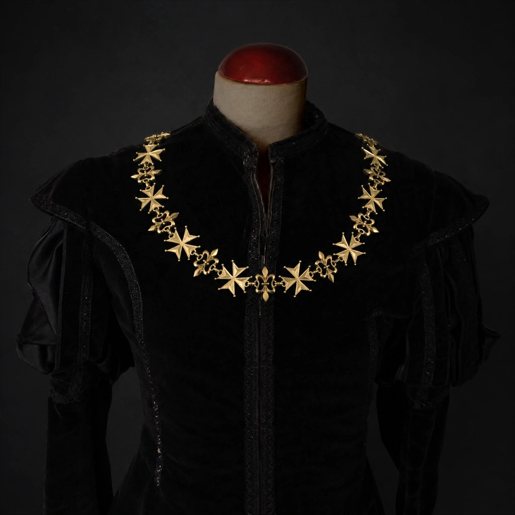 Frontal view Maltesse Cross and Double Fleur de Lis Chain of Office on a black doublet mannequin