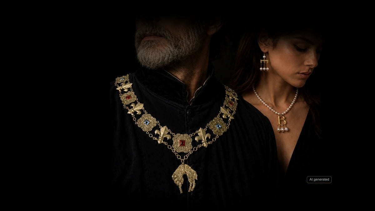 Historical jewelry worn with period dress.