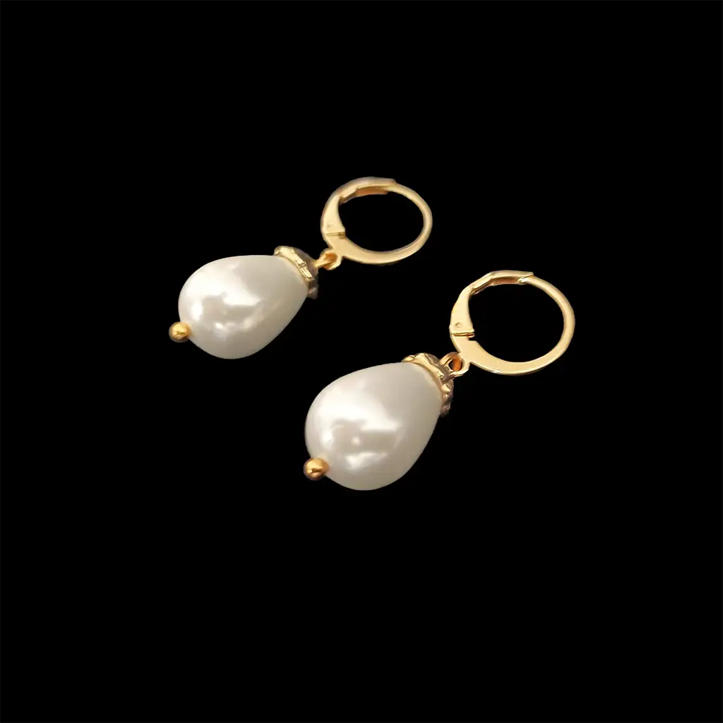 Lucrezia earrings with 10x14 mm. shell pearls with opalescent finish and gold-plated caps holding the pearls up to the clasp.