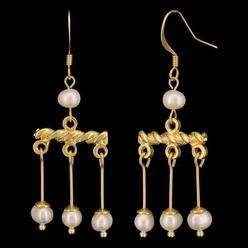 Front view of Flavia Roman crotalia earrings with freshwater pearls on black background