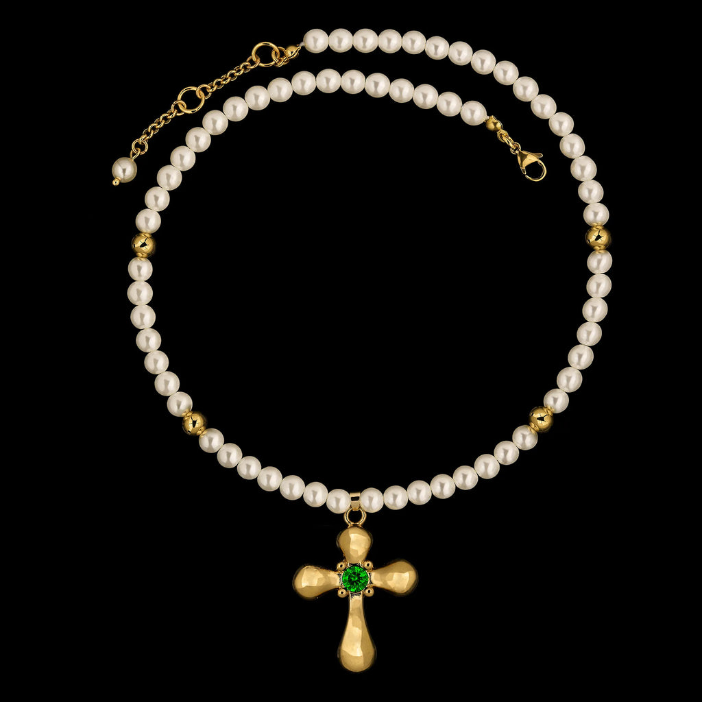 Historic Inspired Gold Puffy Cross Pearl Necklace