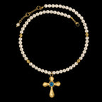 Historic Inspired Gold Puffy Cross Pearl Necklace